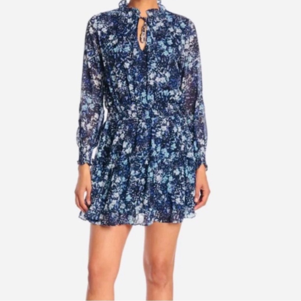 NSR Revolve Emma Blue Floral Mini Dress Ruffle Tiered Smocked Waistline L
